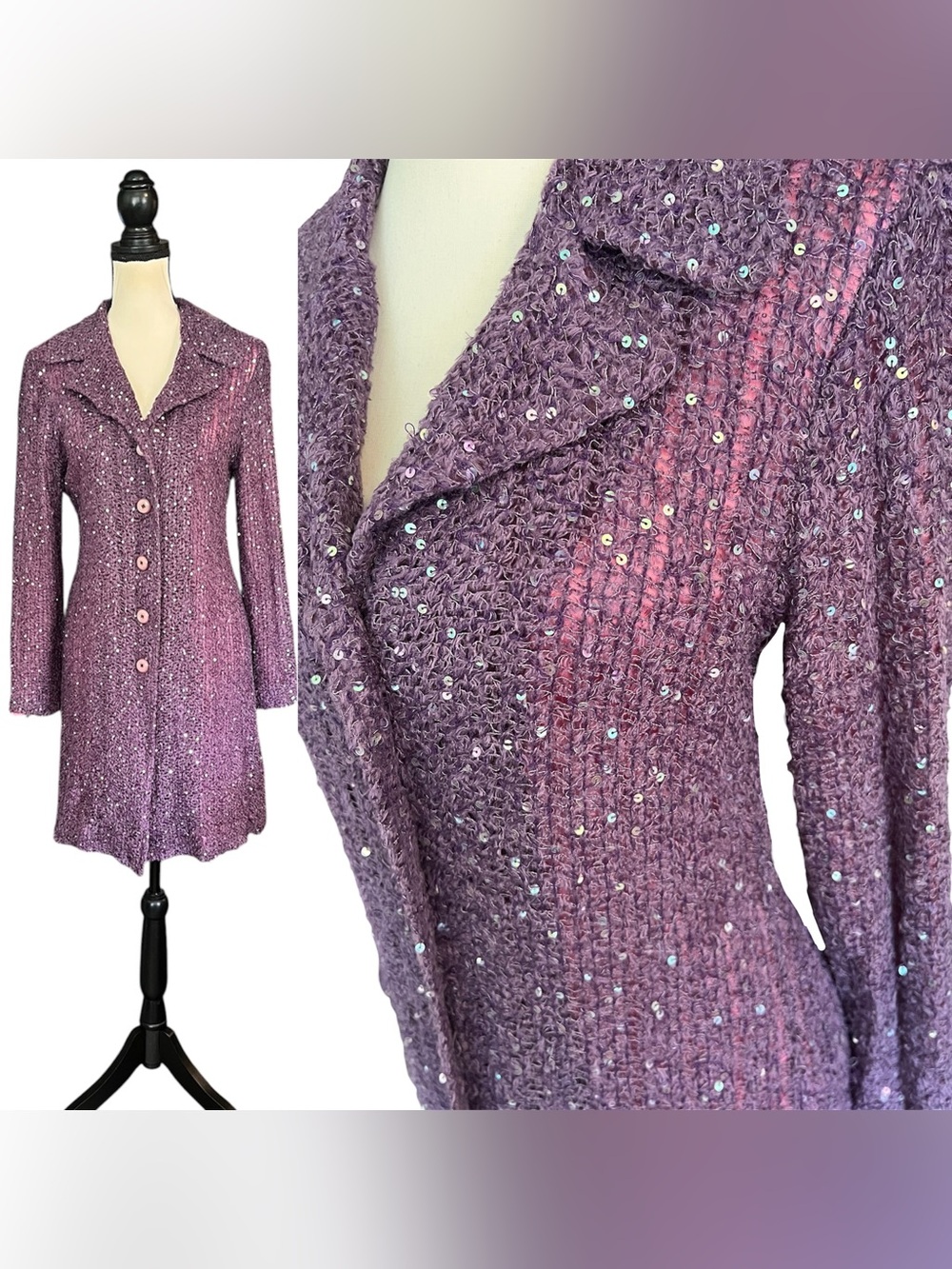 Vintage Betsey Johnson New York Crochet Knit Sequin Duster Cardigan